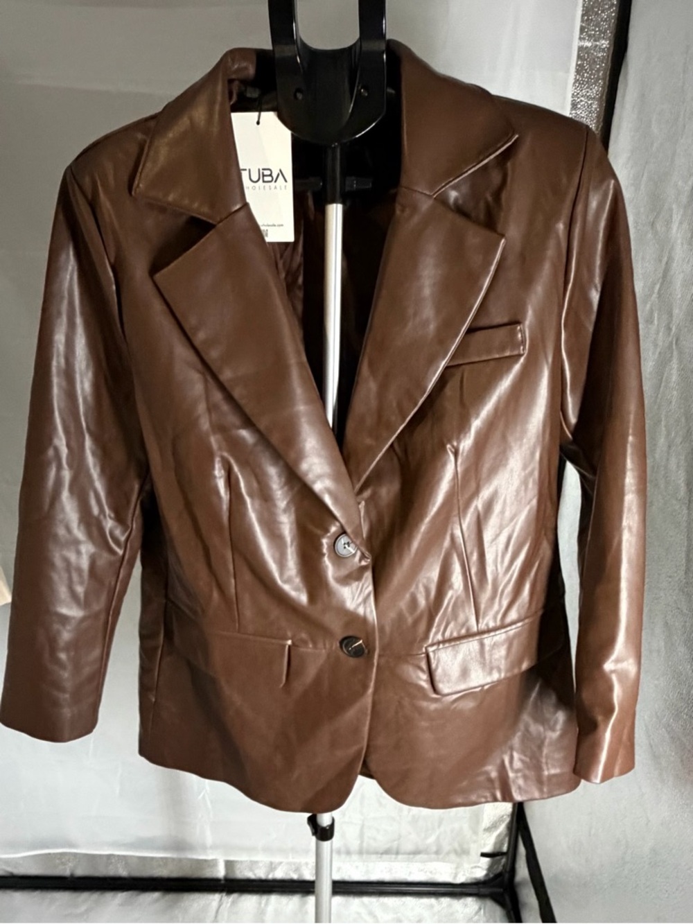 TUBA Brown Lined Vegan Leather Designer Blazer Jacket made in Turkey Sz Lg NWT